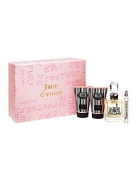 Juicy girls love the holidays. This deluxe set Includes a 3.4 fl. oz. Eau de Parfum Spray, 4.2 fl. oz. Body Sorbet, a 4.2 fl. oz. Frothy Shower Gel and a .33 fl. oz. Eau de Parfum Travel Spray. Juicy girls love the holidays. This deluxe set Includes a 3.4 fl. oz. Eau de Parfum Spray, 4.2 fl. oz. Body Sorbet, a 4.2 fl. oz. Frothy Shower Gel and a .33 fl. oz. Eau de Parfum Travel Spray.