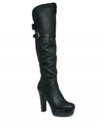 Up and away: GUESS' Loni2 over-the-knee boots feature a high stacked heel, non-adjustable strap detailing and inner leg zipper enclosure. Pair them with leggings for a sleek, chic look that's right on trend. Up and away: GUESS' Loni2 over-the-knee boots feature a high stacked heel, non-adjustable strap detailing and inner leg zipper enclosure. Pair them with leggings for a sleek, chic look that's right on trend.