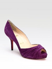 Especially feminine design in soft suede with peep toe and pleating.Self-covered heel, 3½ (90mm) Hidden platform, ½ (15mm) Compares to a 3 heel (75mm) Peep toe Pleated front detail Leather lining Padded insole Signature red leather sole Made in Italy Especially feminine design in soft suede with peep toe and pleating.Self-covered heel, 3½ (90mm) Hidden platform, ½ (15mm) Compares to a 3 heel (75mm) Peep toe Pleated front detail Leather lining Padded insole Signature red leather sole Made in Italy