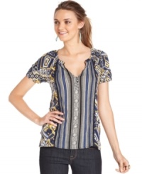 A super-soft cotton blend is enlivened by a tribal-inspired print on Lucky Brand Jeans' latest tee. Makes a stylish statement with skinny white jeans. A super-soft cotton blend is enlivened by a tribal-inspired print on Lucky Brand Jeans' latest tee. Makes a stylish statement with skinny white jeans.