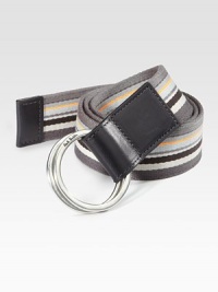 An eye-catching design of bold, multi-striped canvas and leather.PolyesterAbout 1½ wideImported An eye-catching design of bold, multi-striped canvas and leather.PolyesterAbout 1½ wideImported