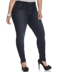 Sport the season's hottest tops with Baby Phat's plus size skinny jeans, finished by a dark wash!