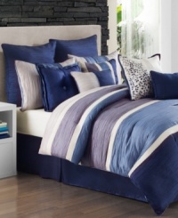 Modern style gets relaxed in shades of soothing blues and lavender. Featuring textured ruching and pieced, colorblock panels embellished with embroidery, the Verona comforter set takes casual comfort to a new level of sophistication. Also includes five decorative pillows and coordinating coverlet. Modern style gets relaxed in shades of soothing blues and lavender. Featuring textured ruching and pieced, colorblock panels embellished with embroidery, the Verona comforter set takes casual comfort to a new level of sophistication. Also includes five decorative pillows and coordinating coverlet.