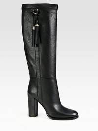 Double fringe tassels adorn this elevated pebble-grain leather boot. Self-covered heel, 4 (100mm)Shaft, 16Leg circumference, 15Leather upperPull-on styleLeather lining and solePadded insoleMade in Italy Double fringe tassels adorn this elevated pebble-grain leather boot. Self-covered heel, 4 (100mm)Shaft, 16Leg circumference, 15Leather upperPull-on styleLeather lining and solePadded insoleMade in Italy