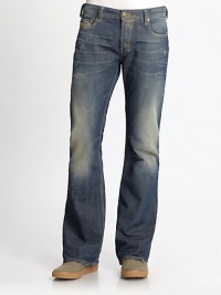 A rugged denim design with distressed elements, finished in a resin and golden spray. Banded waist with belt loopsFront zip and button closureFive-pocket styleFaded, whiskered and frayed detailsSignature stitching on back pockets Back patch detail Bootcut silhouetteInseam, about 34 Cotton Machine wash Imported A rugged denim design with distressed elements, finished in a resin and golden spray. Banded waist with belt loopsFront zip and button closureFive-pocket styleFaded, whiskered and frayed detailsSignature stitching on back pockets Back patch detail Bootcut silhouetteInseam, about 34 Cotton Machine wash Imported
