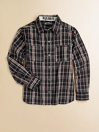 Your little guy will look handsome in this plaid long-sleeve shirt with dual chest pockets. Point collarLong sleeves with button cuffsButton frontFront patch pocketsCotton/polyesterMachine washImported Your little guy will look handsome in this plaid long-sleeve shirt with dual chest pockets. Point collarLong sleeves with button cuffsButton frontFront patch pocketsCotton/polyesterMachine washImported