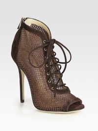 Lace-up suede style with a back zipper, peep toe and glittery mesh sides. Self-covered heel, 5 (125mm)Suede and glitter-coated mesh upperBack zipperLeather lining and solePadded insoleMade in Italy Lace-up suede style with a back zipper, peep toe and glittery mesh sides. Self-covered heel, 5 (125mm)Suede and glitter-coated mesh upperBack zipperLeather lining and solePadded insoleMade in Italy