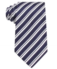 Give a strong presentation of style skills with this boldly striped silk tie from Donald J. Trump. Give a strong presentation of style skills with this boldly striped silk tie from Donald J. Trump.