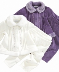 Snuggle her up in style with this cozy and cute velour jacket and pants set by First Impressions. Snuggle her up in style with this cozy and cute velour jacket and pants set by First Impressions.