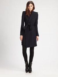 This cozy wrap silhouette is cinched at the waist with a matching belt.Notched lapelsEpaulettesSelf beltSide slash pocketsButton cuffsBack ventAbout 32 from shoulder to hemPolyester/wool/elastaneDry cleanMade in Italy of imported fabricModel shown is 5'10 (177cm) wearing US size 4. This cozy wrap silhouette is cinched at the waist with a matching belt.Notched lapelsEpaulettesSelf beltSide slash pocketsButton cuffsBack ventAbout 32 from shoulder to hemPolyester/wool/elastaneDry cleanMade in Italy of imported fabricModel shown is 5'10 (177cm) wearing US size 4.