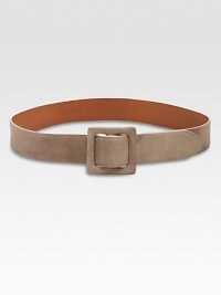 A square covered buckle anchors this chic suede strap.About 2 wideLeatherMade in ItalyAdditional Information Women's Belts Size Guide 