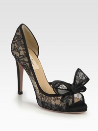 Intricately crafted, semi-sheer lace silhouette with a skinny heel, peep toe and divine bow adornment. Self-covered heel, 4 (100mm)Semi-sheer lace upperLeather lining and solePadded insoleMade in Italy Intricately crafted, semi-sheer lace silhouette with a skinny heel, peep toe and divine bow adornment. Self-covered heel, 4 (100mm)Semi-sheer lace upperLeather lining and solePadded insoleMade in Italy