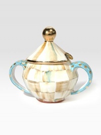 An elegant, one-of-a-kind serving piece, in hand-painted terra cotta with color-dragged checks and lustred gold accents, is a charmingly cheery addition to your tea party.Ceramic with golden lustre6 diam.; 8.5 tallHand washMade in the USA An elegant, one-of-a-kind serving piece, in hand-painted terra cotta with color-dragged checks and lustred gold accents, is a charmingly cheery addition to your tea party.Ceramic with golden lustre6 diam.; 8.5 tallHand washMade in the USA
