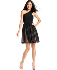 JS Collections infuses this one-shoulder dress with pretty pleats and lace in a unique way--as a gorgeous mixed media skirt. JS Collections infuses this one-shoulder dress with pretty pleats and lace in a unique way--as a gorgeous mixed media skirt.