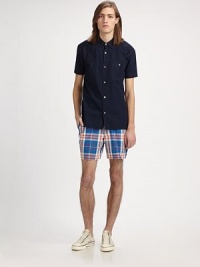 Master the preppy, collegiate with these vibrant, check-print shorts tailored in a straight-fit silhouette for a look that's campus-cool.Flat-front styleSide slash, back flap pocketsInseam, about 1074% polyester/26% cottonDry cleanMade in USA Master the preppy, collegiate with these vibrant, check-print shorts tailored in a straight-fit silhouette for a look that's campus-cool.Flat-front styleSide slash, back flap pocketsInseam, about 1074% polyester/26% cottonDry cleanMade in USA