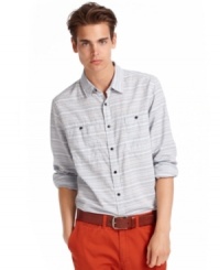 Roll up your sleeves. The fine lines on this shirt from American Rag point the way toward cool, casual style. Roll up your sleeves. The fine lines on this shirt from American Rag point the way toward cool, casual style.