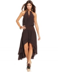 Baby Phat infuses effortless cool into the trend-forward high-low dress, incorporating tiers at the skirt and a slouchy, blouson fit! Baby Phat infuses effortless cool into the trend-forward high-low dress, incorporating tiers at the skirt and a slouchy, blouson fit!