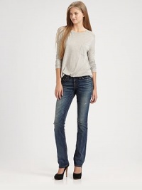Tailored with signature stitching and subtle distressing, these soft bootcut jeans are bound to become a wardrobe favorite. THE FITRise, about 9Inseam, about 32THE DETAILSZip flyFive-pocket styleCotton/polyester/elastaneMachine washMade in USA of imported fabricModel shown is 5'11 (178cm) wearing US size 4. Tailored with signature stitching and subtle distressing, these soft bootcut jeans are bound to become a wardrobe favorite. THE FITRise, about 9Inseam, about 32THE DETAILSZip flyFive-pocket styleCotton/polyester/elastaneMachine washMade in USA of imported fabricModel shown is 5'11 (178cm) wearing US size 4.