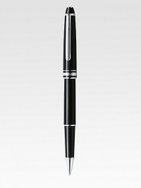 Classic Rollerball, with barrel and cap made of precious resin and floating logo emblem.RollerballPlatinum-plated clipResin with inlaid logo emblemUses Rollerball/Fineliner refillsAbout 5½ longMade in Germany