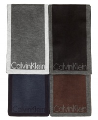Wear a scarf knit with a name that stands for the best in modern menswear: Muffler with jacquard Calvin Klein logo and coordinating contrast edge. Wear a scarf knit with a name that stands for the best in modern menswear: Muffler with jacquard Calvin Klein logo and coordinating contrast edge.