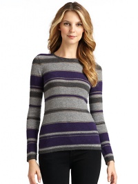THE LOOKLuxe 2-ply cashmere from expertly maintained inner Mongolian cashmere goatsFeatures long, fine, smooth fibers top-dyed for maximum color saturationStriped designOpen weave metallic accentsRibbed roundneckLong ribbed cuff sleevesRibbed hemTHE FITAbout 24 from shoulder to hemTHE MATERIALCashmereCARE & ORIGINDry cleanImportedModel shown is 5'10 (177cm) wearing US size Small. THE LOOKLuxe 2-ply cashmere from expertly maintained inner Mongolian cashmere goatsFeatures long, fine, smooth fibers top-dyed for maximum color saturationStriped designOpen weave metallic accentsRibbed roundneckLong ribbed cuff sleevesRibbed hemTHE FITAbout 24 from shoulder to hemTHE MATERIALCashmereCARE & ORIGINDry cleanImportedModel shown is 5'10 (177cm) wearing US size Small.