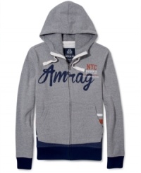 Keep warm in this trendy hoodie by American Rag with unique stripes and contrast hems. Keep warm in this trendy hoodie by American Rag with unique stripes and contrast hems.