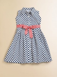 Bold polka dots create a fresh, modern look in a simple shirtdress with a wide grosgrain ribbon bow.Point collarSleevelessButtons from neck to hemContrast grosgrain ribbon bow beltFlared skirtCottonMachine washImported Please note: Number of buttons may vary depending on size ordered. Bold polka dots create a fresh, modern look in a simple shirtdress with a wide grosgrain ribbon bow.Point collarSleevelessButtons from neck to hemContrast grosgrain ribbon bow beltFlared skirtCottonMachine washImported Please note: Number of buttons may vary depending on size ordered.
