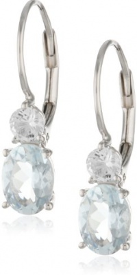 Sterling Silver Created White Sapphire and Aquamarine Lever Back Earrings