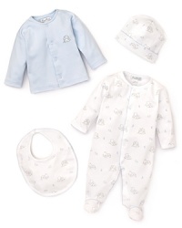 Kissy Kissy combines the solid-color cardigan and animal print footie with the matching blanket and cap for a super comfy newborn look. Kissy Kissy combines the solid-color cardigan and animal print footie with the matching blanket and cap for a super comfy newborn look.