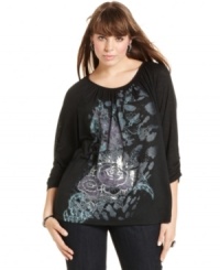 Snag a standout casual look with Style&co.'s three-quarter-sleeve plus size top, showcasing an embellished print. Snag a standout casual look with Style&co.'s three-quarter-sleeve plus size top, showcasing an embellished print.