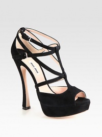 Suede platform silhouette with adjustable ankle straps and a peep toe. Self-covered heel, 5¼ (130mm)Covered platform, 1 (25mm)Compares to a 4¼ heel (110mm)Suede upperLeather lining and solePadded insoleMade in ItalyOUR FIT MODEL RECOMMENDS ordering one size up as this style runs small. Suede platform silhouette with adjustable ankle straps and a peep toe. Self-covered heel, 5¼ (130mm)Covered platform, 1 (25mm)Compares to a 4¼ heel (110mm)Suede upperLeather lining and solePadded insoleMade in ItalyOUR FIT MODEL RECOMMENDS ordering one size up as this style runs small.