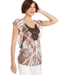 A crochet-inspired applique at the chest of this Style&co. top gives it artisan appeal--a feature that's only accentuated by the sublimated print! A crochet-inspired applique at the chest of this Style&co. top gives it artisan appeal--a feature that's only accentuated by the sublimated print!