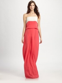 Crisp pleats shape this elongated silhouette of colorblock chiffon.Spaghetti strapsStraight necklineBlouson bodiceSet-in waistSide zipperAbout 46 from natural waistPolyesterDry cleanImportedModel shown is 5'10 (178cm) wearing US size 4. Crisp pleats shape this elongated silhouette of colorblock chiffon.Spaghetti strapsStraight necklineBlouson bodiceSet-in waistSide zipperAbout 46 from natural waistPolyesterDry cleanImportedModel shown is 5'10 (178cm) wearing US size 4.