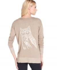 An owl design at back adds an irreverent appeal to this Kensie sweater for a cool, casual layering piece!