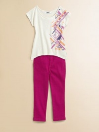 A colorful, abstract design printed on a plush cotton burnout tee with high-low hem for a little edge.ScoopneckShort sleevesPullover styleCottonMachine washImported A colorful, abstract design printed on a plush cotton burnout tee with high-low hem for a little edge.ScoopneckShort sleevesPullover styleCottonMachine washImported