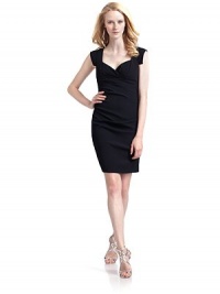 THE LOOKCrossover sweetheart necklineCap sleevesEmpire waistSide ruchingBack zip closureBack puckered detailsTHE FITAbout 34 from shoulder to hemTHE MATERIAL95% polyester/5% spandexFully linedCARE & ORIGINDry cleanMade in USAModel shown is 5'10 (177cm) wearing US size 4. THE LOOKCrossover sweetheart necklineCap sleevesEmpire waistSide ruchingBack zip closureBack puckered detailsTHE FITAbout 34 from shoulder to hemTHE MATERIAL95% polyester/5% spandexFully linedCARE & ORIGINDry cleanMade in USAModel shown is 5'10 (177cm) wearing US size 4.