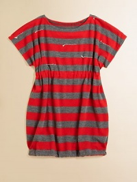 A comfy knit dress with bold stripes and detailed stitching for your little one. Jewel necklineShort sleevesElastic waistbandElastic hemPull-on style87% polyester/10% rayon/3% spandexMachine washImported A comfy knit dress with bold stripes and detailed stitching for your little one. Jewel necklineShort sleevesElastic waistbandElastic hemPull-on style87% polyester/10% rayon/3% spandexMachine washImported