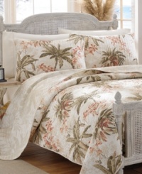 Perfect palm trees create a relaxing oasis in this Bonnie Cove quilt from Tommy Bahama Home. Accompanied by blooming exotic florals and a soothing, airy palette for a fresh appeal. Reverses to a tonal palm tree print. Perfect palm trees create a relaxing oasis in this Bonnie Cove quilt from Tommy Bahama Home. Accompanied by blooming exotic florals and a soothing, airy palette for a fresh appeal. Reverses to a tonal palm tree print.