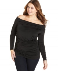 Show off your shoulders in Baby Phat's long sleeve plus size top, featuring flattering ruching. Show off your shoulders in Baby Phat's long sleeve plus size top, featuring flattering ruching.