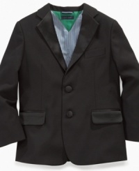 Your little boy will look like a dashing young man instantly with the addition of this Tommy Hilfiger tuxedo jacket. Your little boy will look like a dashing young man instantly with the addition of this Tommy Hilfiger tuxedo jacket.