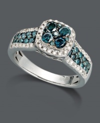 Square up your look in vibrant sparkle. Bella Bleu by Effy Collection ring features a unique mix of round-cut blue diamonds (1-1/10 ct. t.w.) and white diamonds (1/4 ct. t.w.) in a chic, square shape. Setting and band crafted in 14k white gold. Square up your look in vibrant sparkle. Bella Bleu by Effy Collection ring features a unique mix of round-cut blue diamonds (1-1/10 ct. t.w.) and white diamonds (1/4 ct. t.w.) in a chic, square shape. Setting and band crafted in 14k white gold.