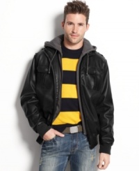 Get ready to ride in style with this hooded, faux-leather jacket from Buffalo David Bitton. Get ready to ride in style with this hooded, faux-leather jacket from Buffalo David Bitton.
