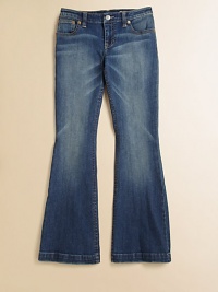 Faded denim is crafted in a chic flared silhouette with a hint of stretch for a cute, classic look.Front button closureAdjustable waistband with button tabs and belt loopsZip flyFive-pocket stylingFlared hem99% cotton/1% elastaneMachine washImported Faded denim is crafted in a chic flared silhouette with a hint of stretch for a cute, classic look.Front button closureAdjustable waistband with button tabs and belt loopsZip flyFive-pocket stylingFlared hem99% cotton/1% elastaneMachine washImported