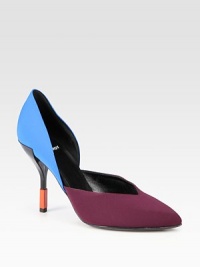 Smooth two-tone neoprene point toe pump with a contrasting colorblock heel. Lacquered and metal heel, 3¾ (95mm)Neoprene upperPoint toeLeather lining and solePadded insoleMade in Italy Smooth two-tone neoprene point toe pump with a contrasting colorblock heel. Lacquered and metal heel, 3¾ (95mm)Neoprene upperPoint toeLeather lining and solePadded insoleMade in Italy