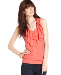 Brighten up any ensemble with this DKNY Jeans top, featuring a tonal striped print in a statement-making color. Brighten up any ensemble with this DKNY Jeans top, featuring a tonal striped print in a statement-making color.