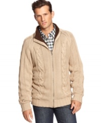 Lined with faux-shearling lining, these cable-knit sweaters from Weatherproof wrap up your look in a warm way. Lined with faux-shearling lining, these cable-knit sweaters from Weatherproof wrap up your look in a warm way.
