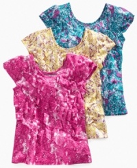 A splash of color gives her sweet style a boost with one of these ruffle tees from Epic Threads. A splash of color gives her sweet style a boost with one of these ruffle tees from Epic Threads.