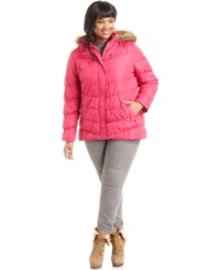 Stay cute in a big chill with Dollhouse's plus size puffer jacket, featuring a faux fur hood. Stay cute in a big chill with Dollhouse's plus size puffer jacket, featuring a faux fur hood.