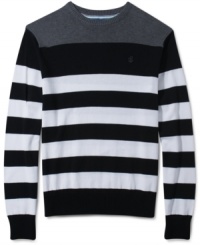 Bold stripes give this cozy Rocawear sweater a modern style. Bold stripes give this cozy Rocawear sweater a modern style.