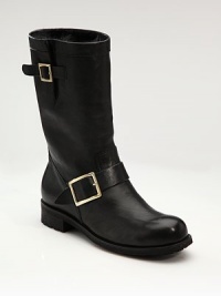 From the 24:7 Collection. Distressed leather with soft rabbit fur lining and two goldtone buckles. Stacked heel , 1¼ (30mm) Shaft, 7½ Leg circumference, 13 Pull-on style Leather lining Rubber sole Made in Italy Fur origin: Italy OUR FIT MODEL RECOMMENDS ordering true size. From the 24:7 Collection. Distressed leather with soft rabbit fur lining and two goldtone buckles. Stacked heel , 1¼ (30mm) Shaft, 7½ Leg circumference, 13 Pull-on style Leather lining Rubber sole Made in Italy Fur origin: Italy OUR FIT MODEL RECOMMENDS ordering true size.